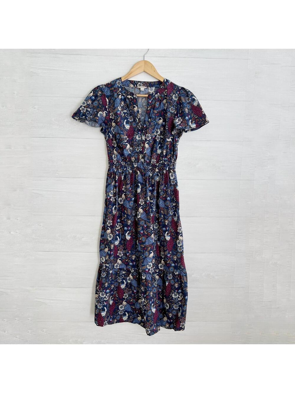 LOFT - Navy peacock floral cap sleeve tiered shirt dress, SP